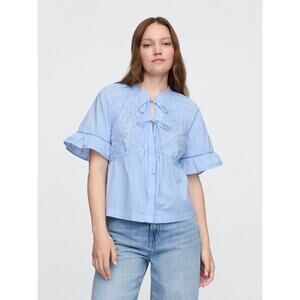 Gap Splitneck Tie-Front Button Down Top Shirt Eyelet Half Sleeve Cottage Size M